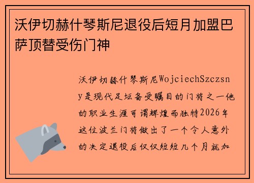 沃伊切赫什琴斯尼退役后短月加盟巴萨顶替受伤门神