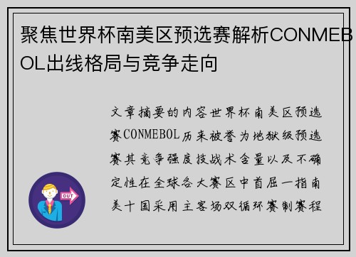 聚焦世界杯南美区预选赛解析CONMEBOL出线格局与竞争走向